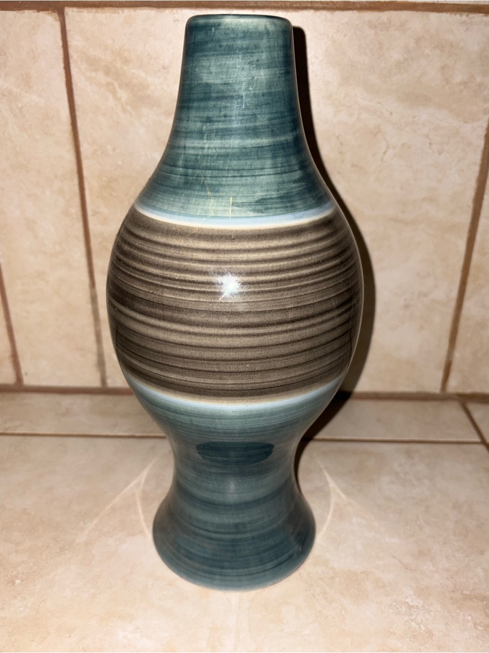 Striped Teal and Brown Ceramic Decorative Vase